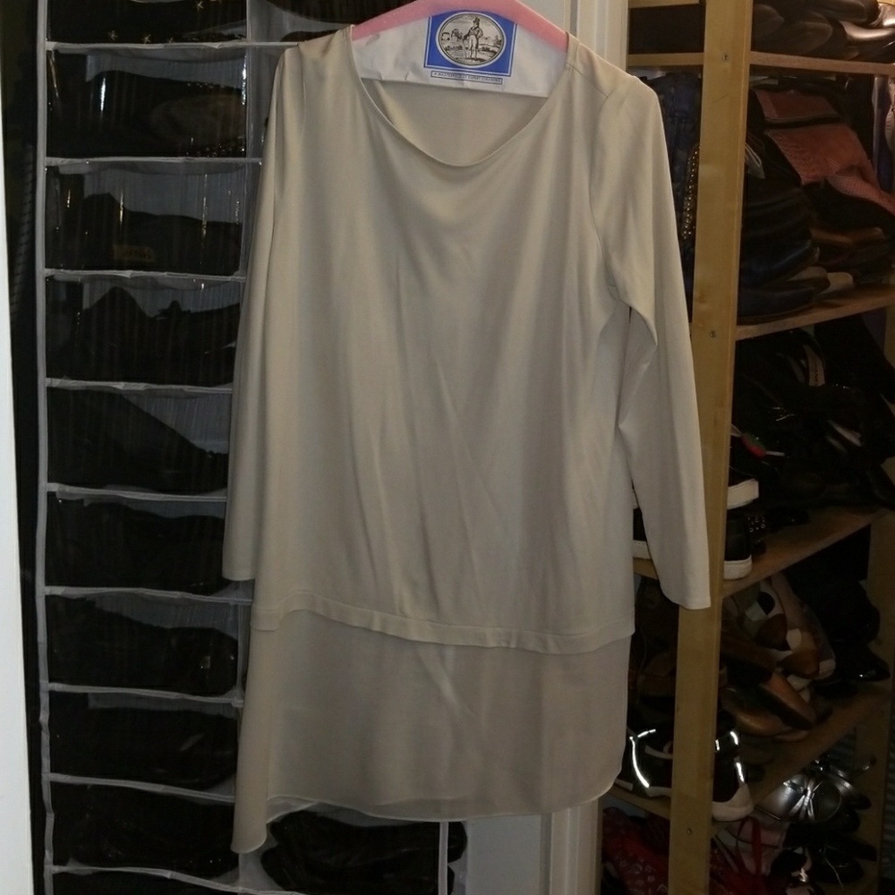 Long sleeve "bone" silk tunic with sheer hem